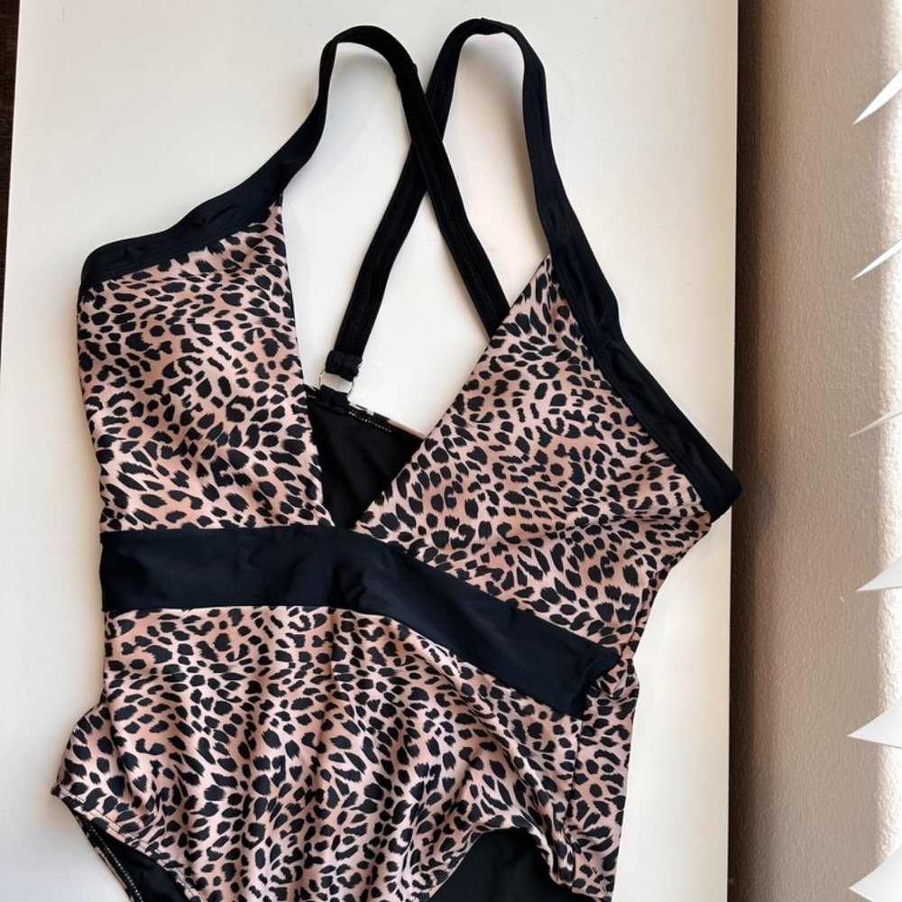 Pink Lily SUNLIT BUNGALOW BLACK HALTER ANIMAL PRINT ONE PIECE SWIMSUIT